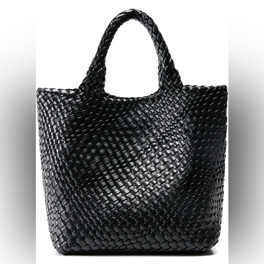 Vegan Leather Black Woven Tote Bag